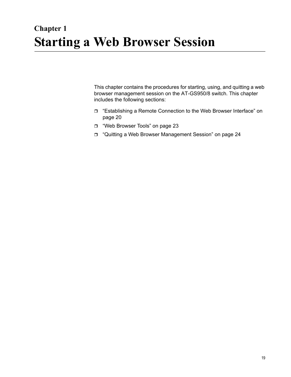 Chapter 1, Starting a web browser session, Chapte | Allied Telesis AT-GS950/8 User Manual | Page 19 / 364