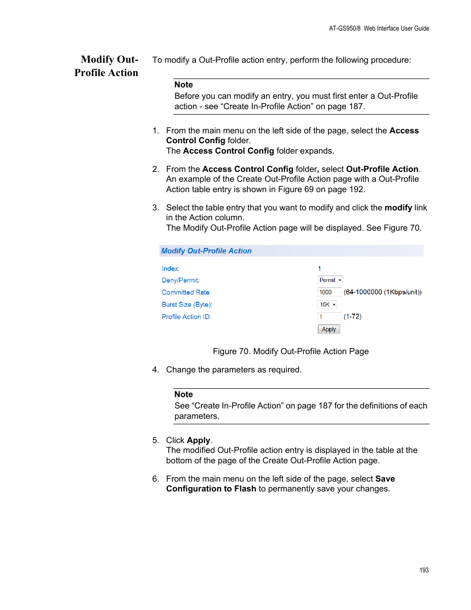 Modify out- profile action, Modify out-profile action | Allied Telesis AT-GS950/8 User Manual | Page 193 / 364