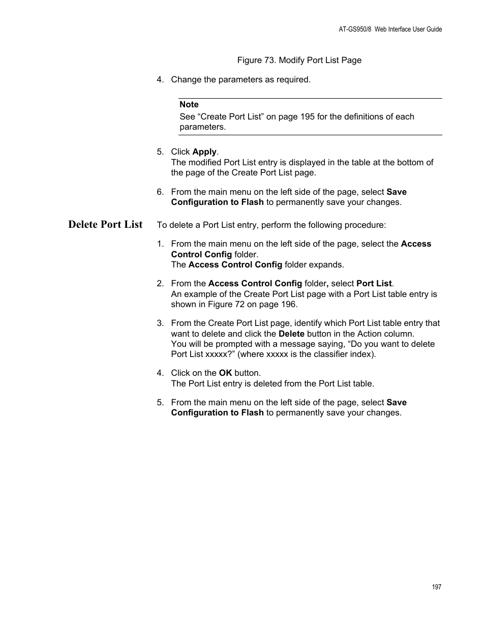 Delete port list, E figure 73 | Allied Telesis AT-GS950/8 User Manual | Page 197 / 364