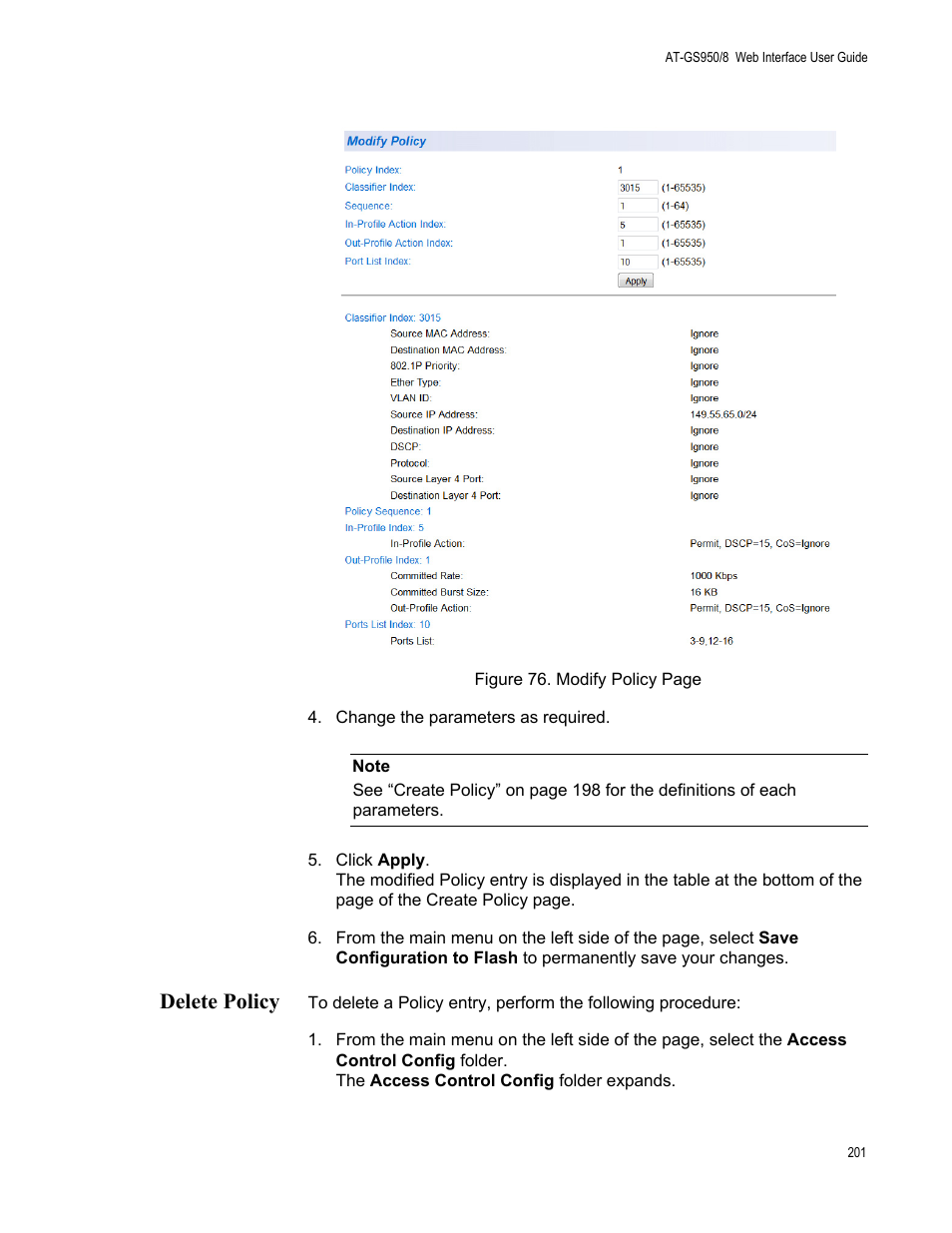 Delete policy | Allied Telesis AT-GS950/8 User Manual | Page 201 / 364