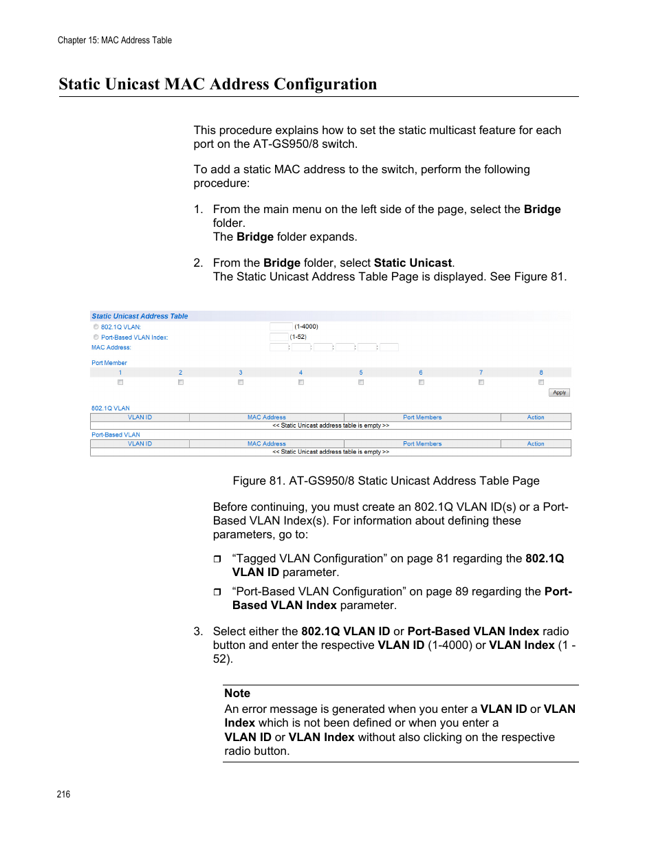 Static unicast mac address configuration | Allied Telesis AT-GS950/8 User Manual | Page 216 / 364