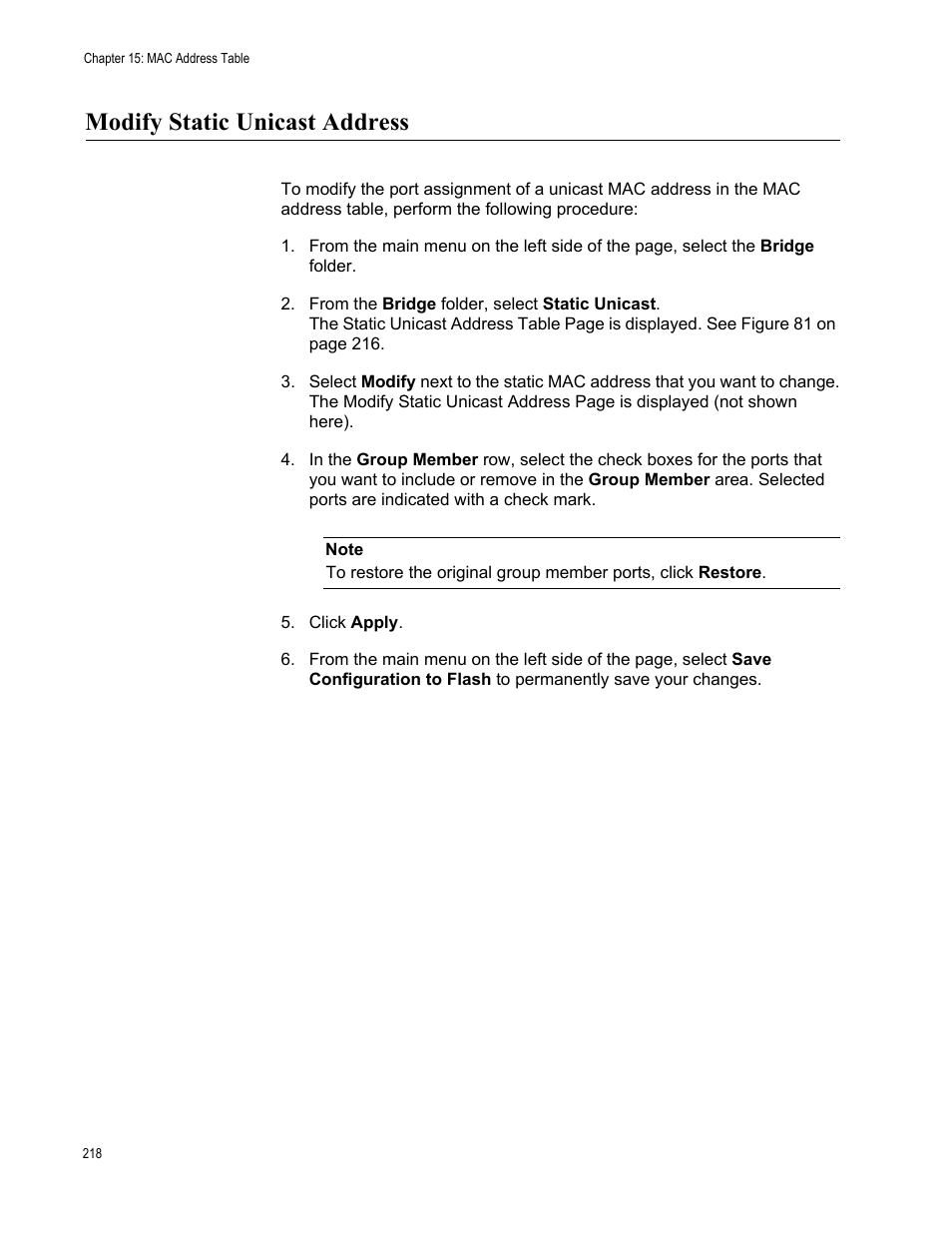 Modify static unicast address | Allied Telesis AT-GS950/8 User Manual | Page 218 / 364