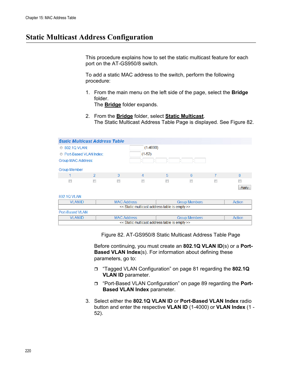Static multicast address configuration | Allied Telesis AT-GS950/8 User Manual | Page 220 / 364