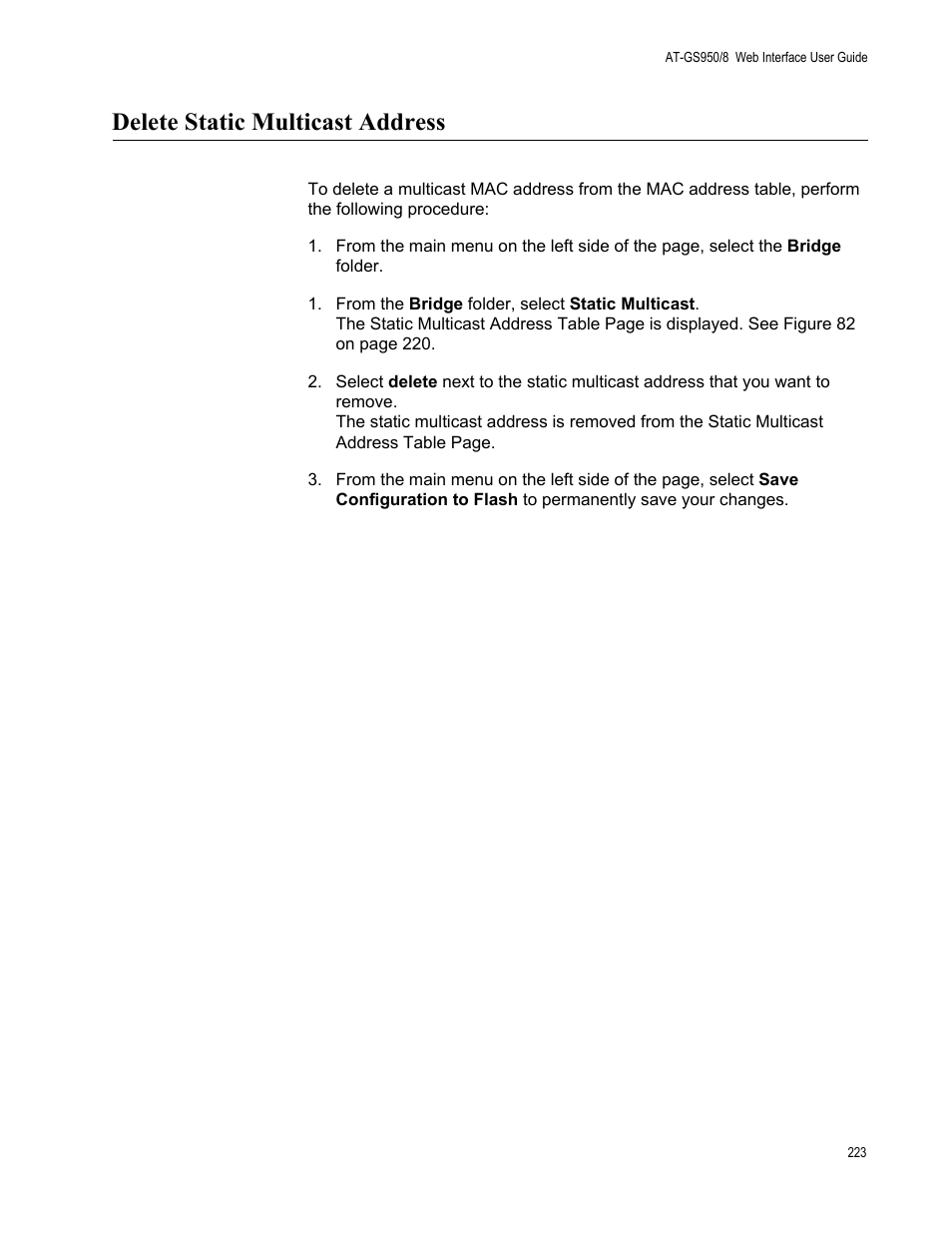 Delete static multicast address | Allied Telesis AT-GS950/8 User Manual | Page 223 / 364