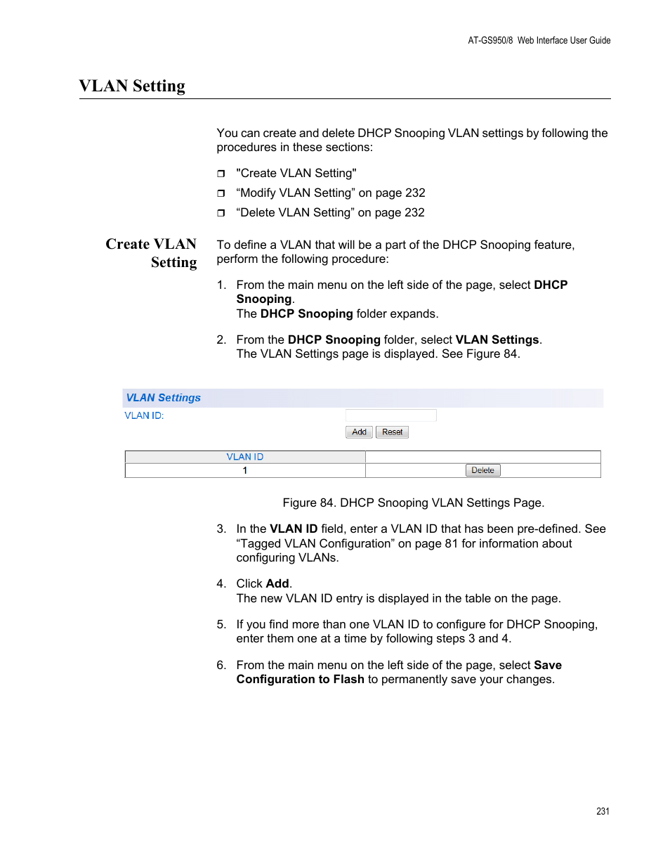 Vlan setting, Create vlan setting | Allied Telesis AT-GS950/8 User Manual | Page 231 / 364