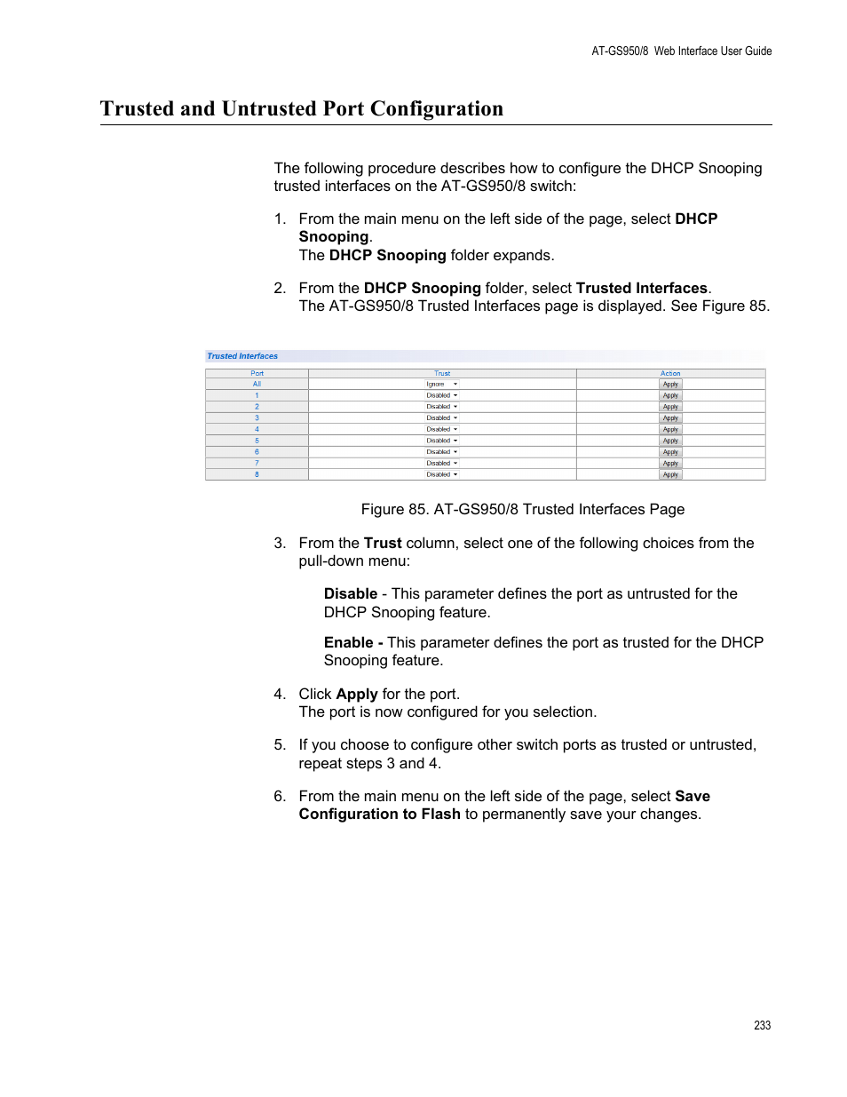 Trusted and untrusted port configuration | Allied Telesis AT-GS950/8 User Manual | Page 233 / 364