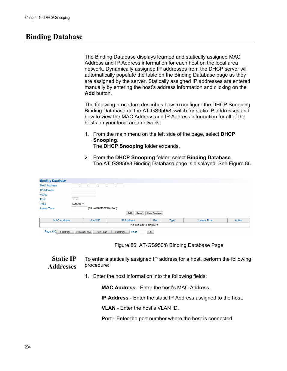 Binding database, Static ip addresses | Allied Telesis AT-GS950/8 User Manual | Page 234 / 364