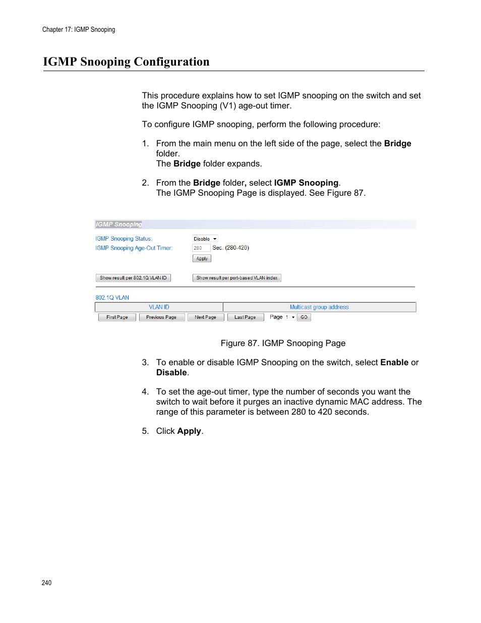 Igmp snooping configuration | Allied Telesis AT-GS950/8 User Manual | Page 240 / 364