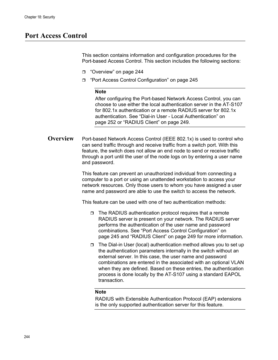 Port access control, Overview | Allied Telesis AT-GS950/8 User Manual | Page 244 / 364