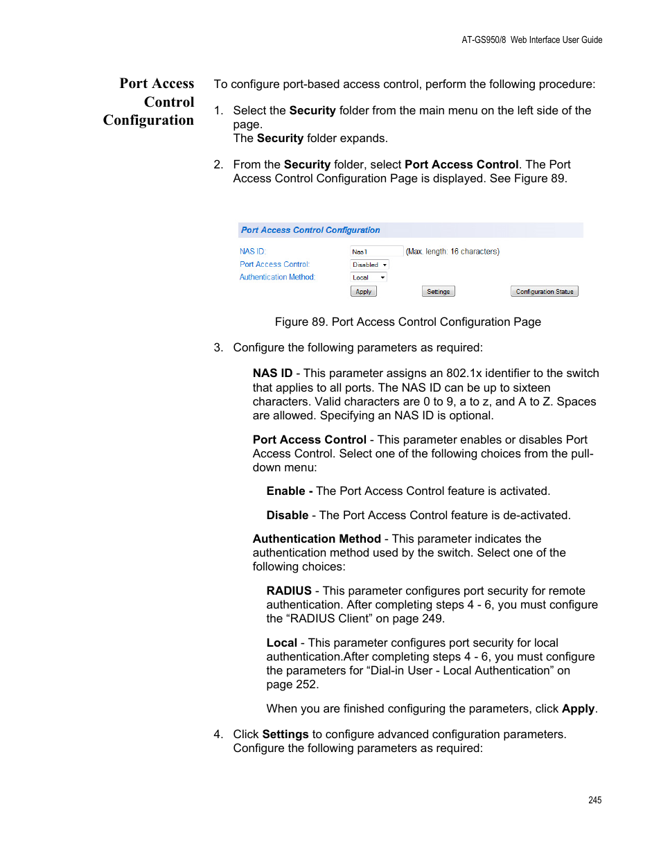 Port access control configuration | Allied Telesis AT-GS950/8 User Manual | Page 245 / 364