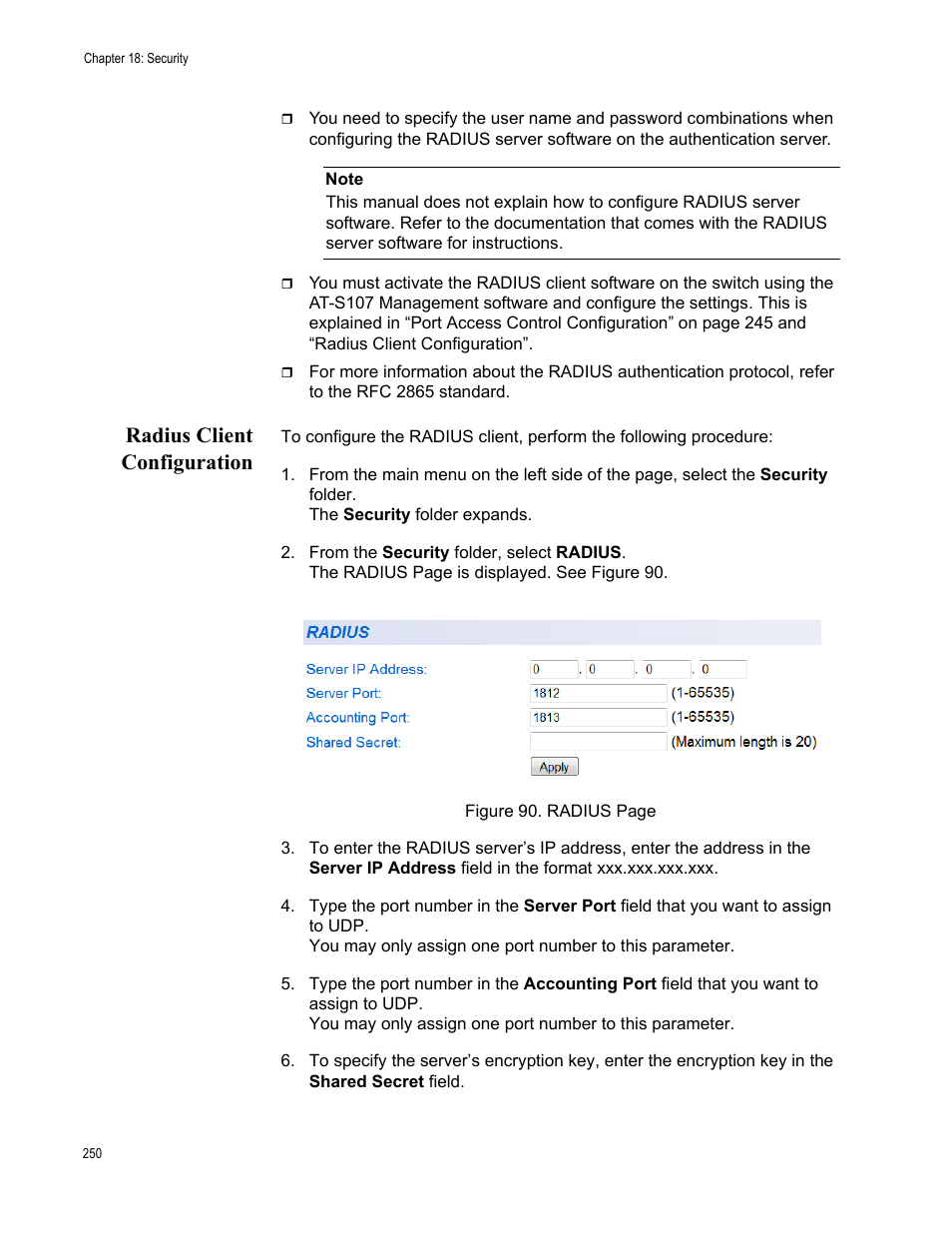 Radius client configuration | Allied Telesis AT-GS950/8 User Manual | Page 250 / 364