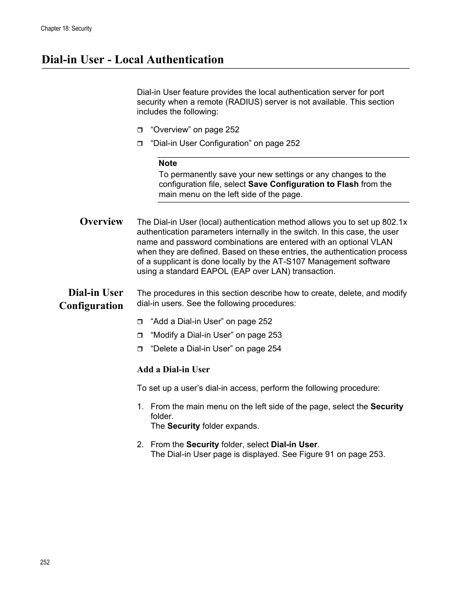 Dial-in user - local authentication, Overview, Dial-in user configuration | Overview dial-in user configuration | Allied Telesis AT-GS950/8 User Manual | Page 252 / 364