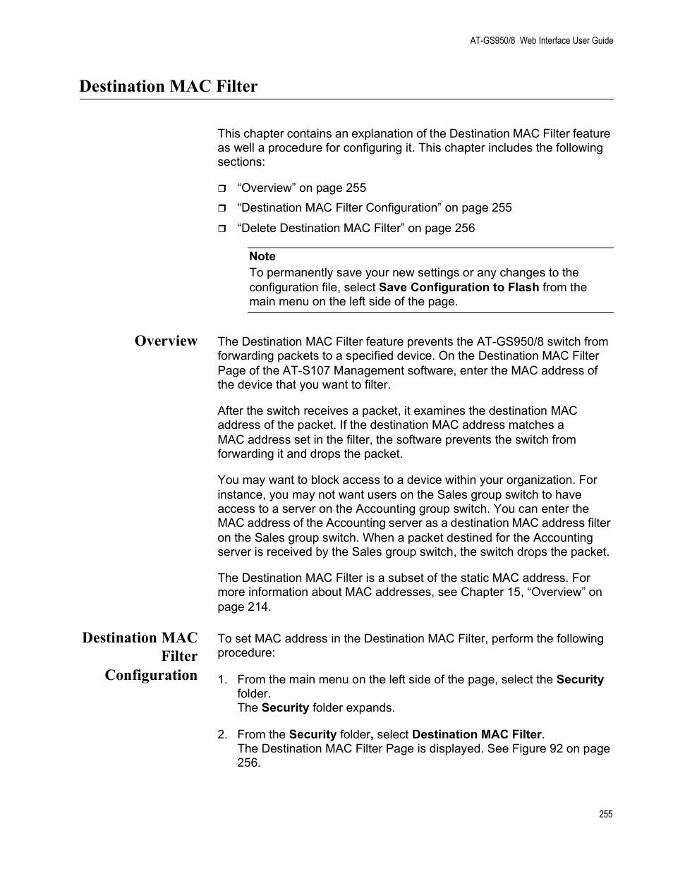 Destination mac filter, Overview, Destination mac filter configuration | Overview destination mac filter configuration | Allied Telesis AT-GS950/8 User Manual | Page 255 / 364