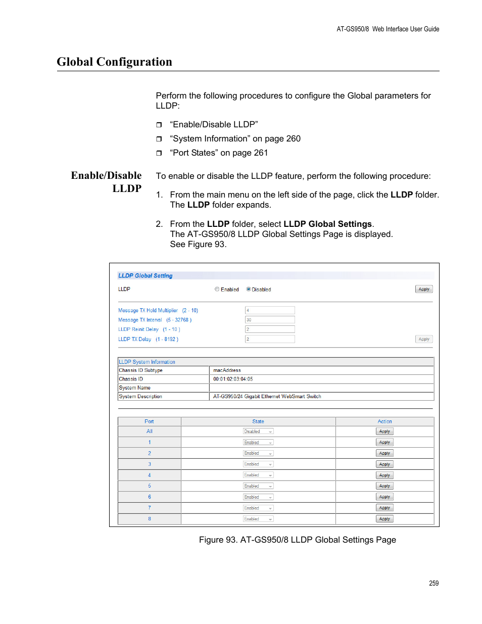 Global configuration, Enable/disable lldp | Allied Telesis AT-GS950/8 User Manual | Page 259 / 364