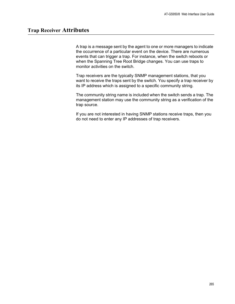 Trap receiver attributes, Attributes | Allied Telesis AT-GS950/8 User Manual | Page 265 / 364