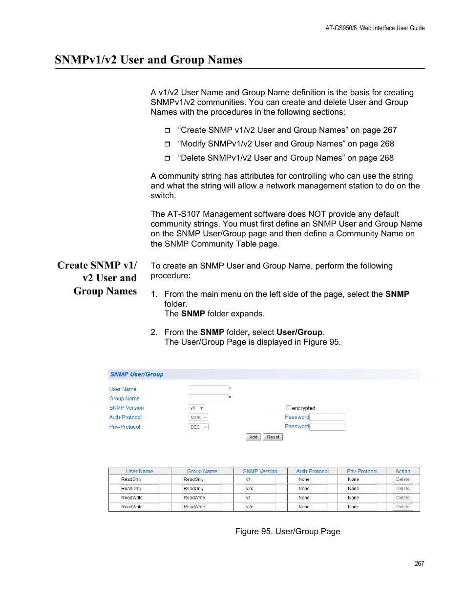 Snmpv1/v2 user and group names, Create snmp v1/ v2 user and group names, Create snmp v1/v2 user and group names | Allied Telesis AT-GS950/8 User Manual | Page 267 / 364