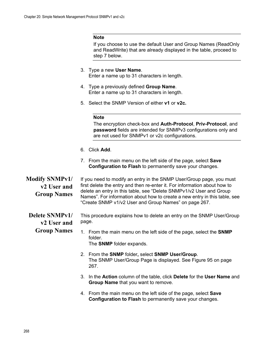 Modify snmpv1/ v2 user and group names, Delete snmpv1/ v2 user and group names | Allied Telesis AT-GS950/8 User Manual | Page 268 / 364