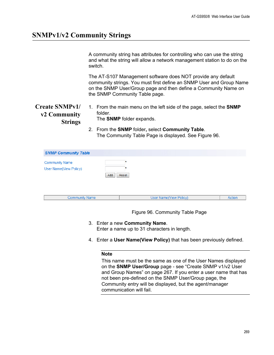 Snmpv1/v2 community strings, Create snmpv1/ v2 community strings, Create snmpv1/v2 community strings | Allied Telesis AT-GS950/8 User Manual | Page 269 / 364