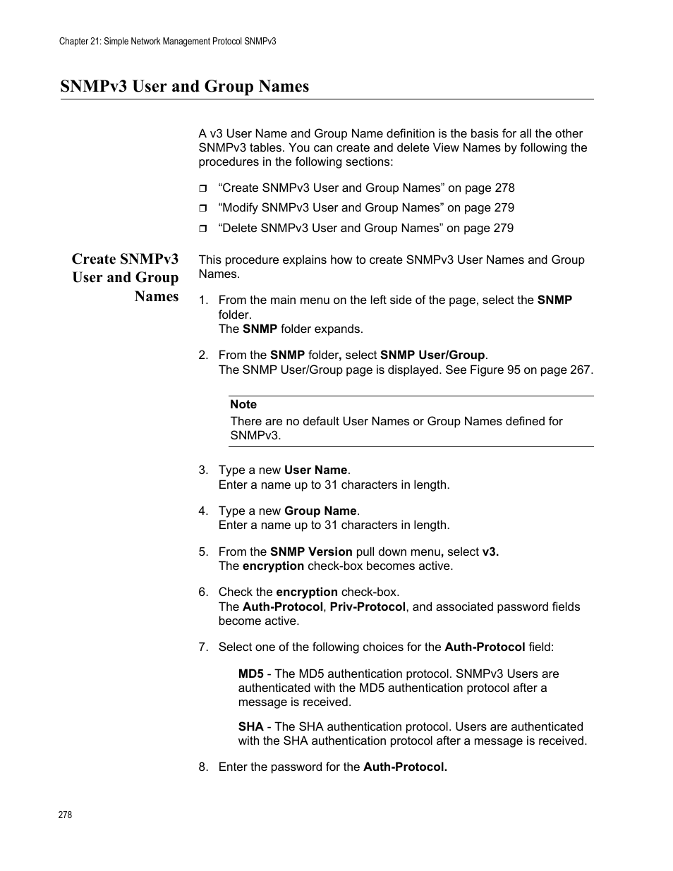 Snmpv3 user and group names, Create snmpv3 user and group names | Allied Telesis AT-GS950/8 User Manual | Page 278 / 364