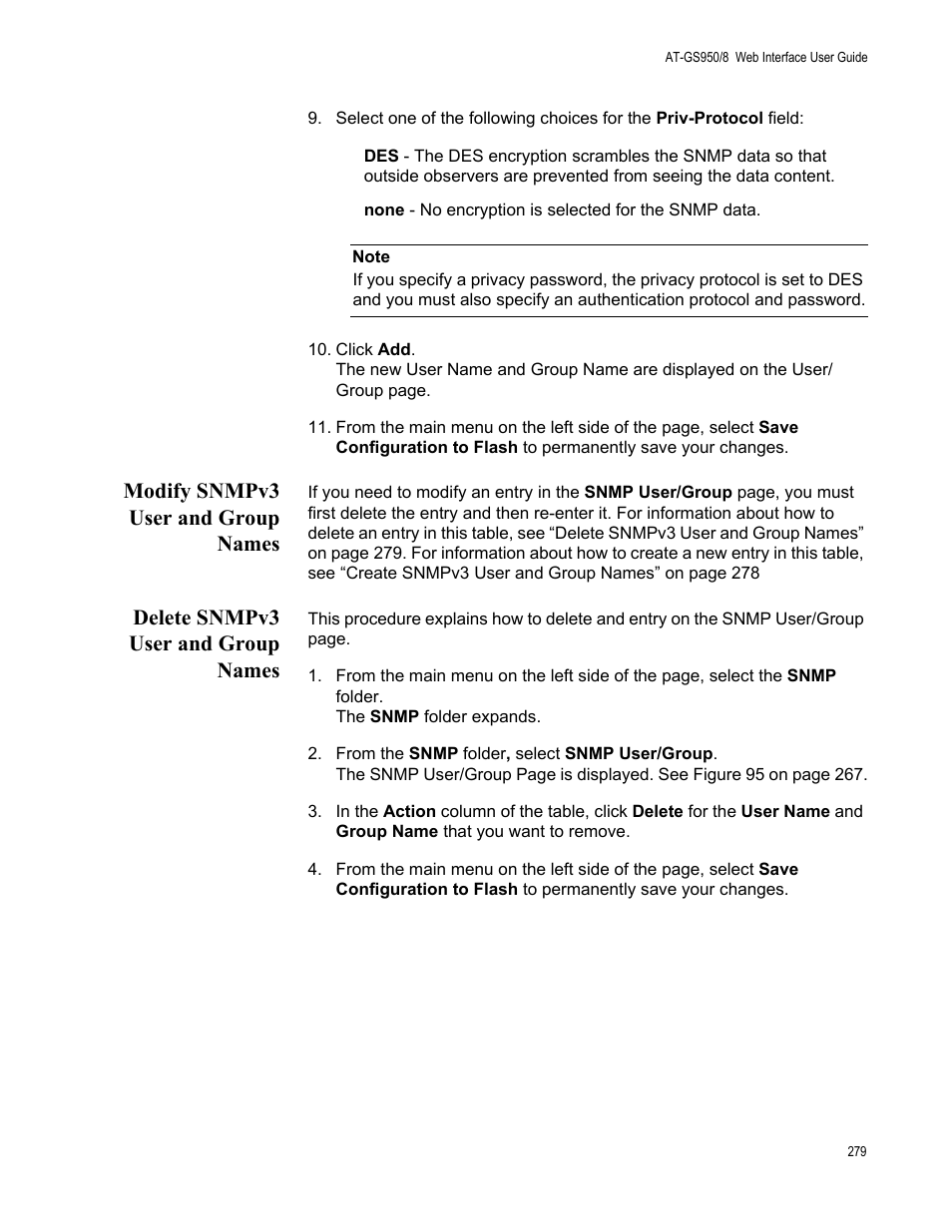 Modify snmpv3 user and group names, Delete snmpv3 user and group names | Allied Telesis AT-GS950/8 User Manual | Page 279 / 364