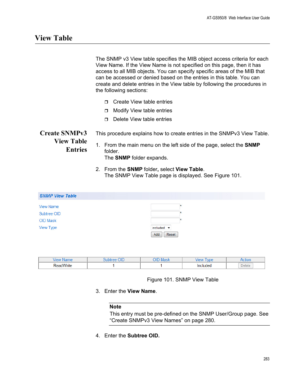 View table, Create snmpv3 view table entries, Figure 101. snmp view table | Allied Telesis AT-GS950/8 User Manual | Page 283 / 364