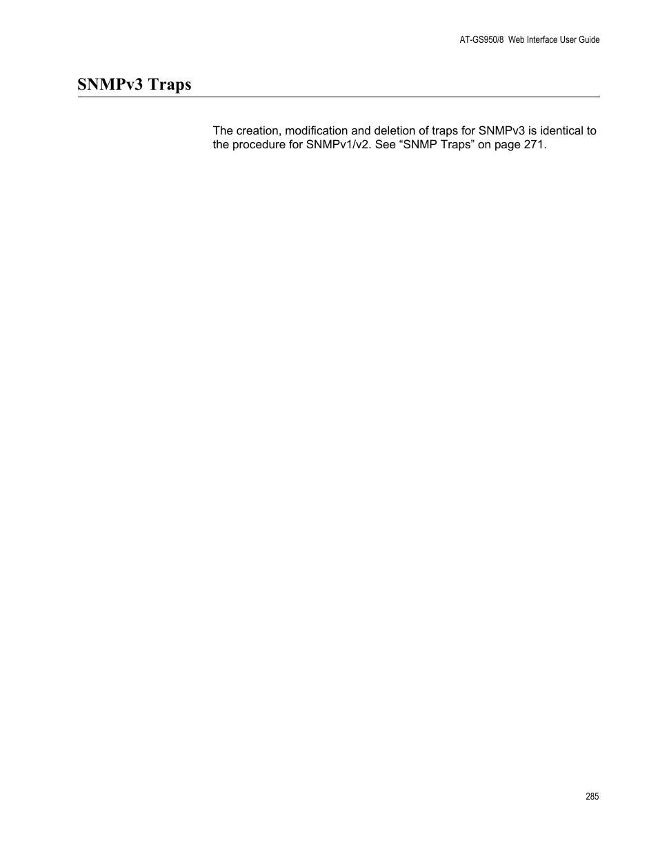Snmpv3 traps | Allied Telesis AT-GS950/8 User Manual | Page 285 / 364
