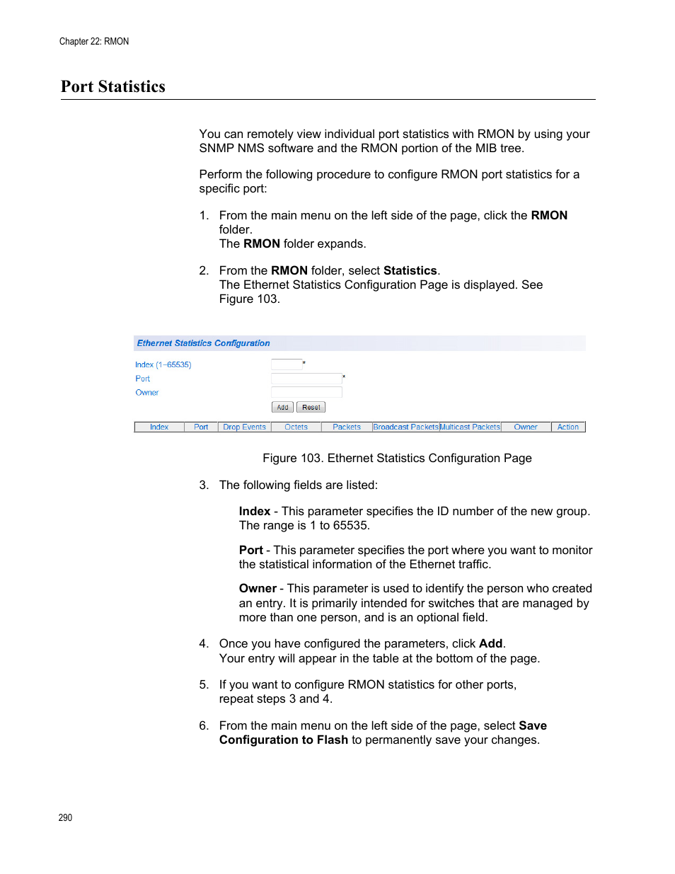 Port statistics | Allied Telesis AT-GS950/8 User Manual | Page 290 / 364