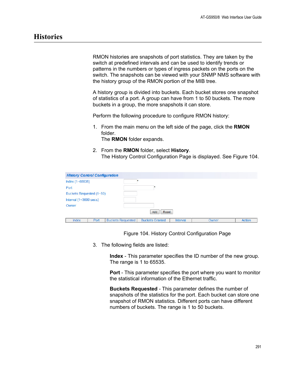 Histories | Allied Telesis AT-GS950/8 User Manual | Page 291 / 364