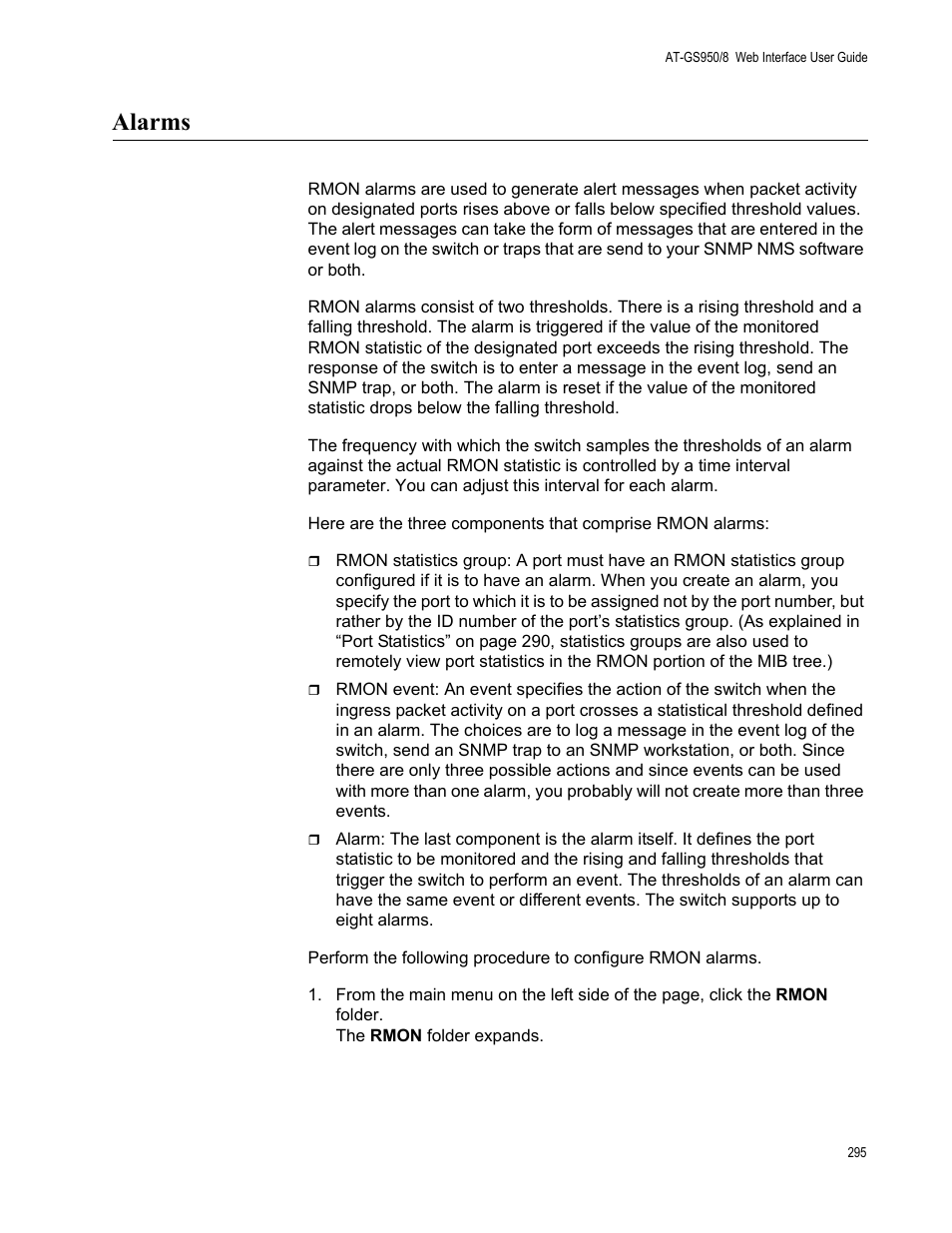 Alarms | Allied Telesis AT-GS950/8 User Manual | Page 295 / 364