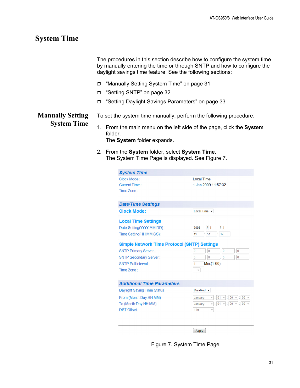 System time, Manually setting system time | Allied Telesis AT-GS950/8 User Manual | Page 31 / 364