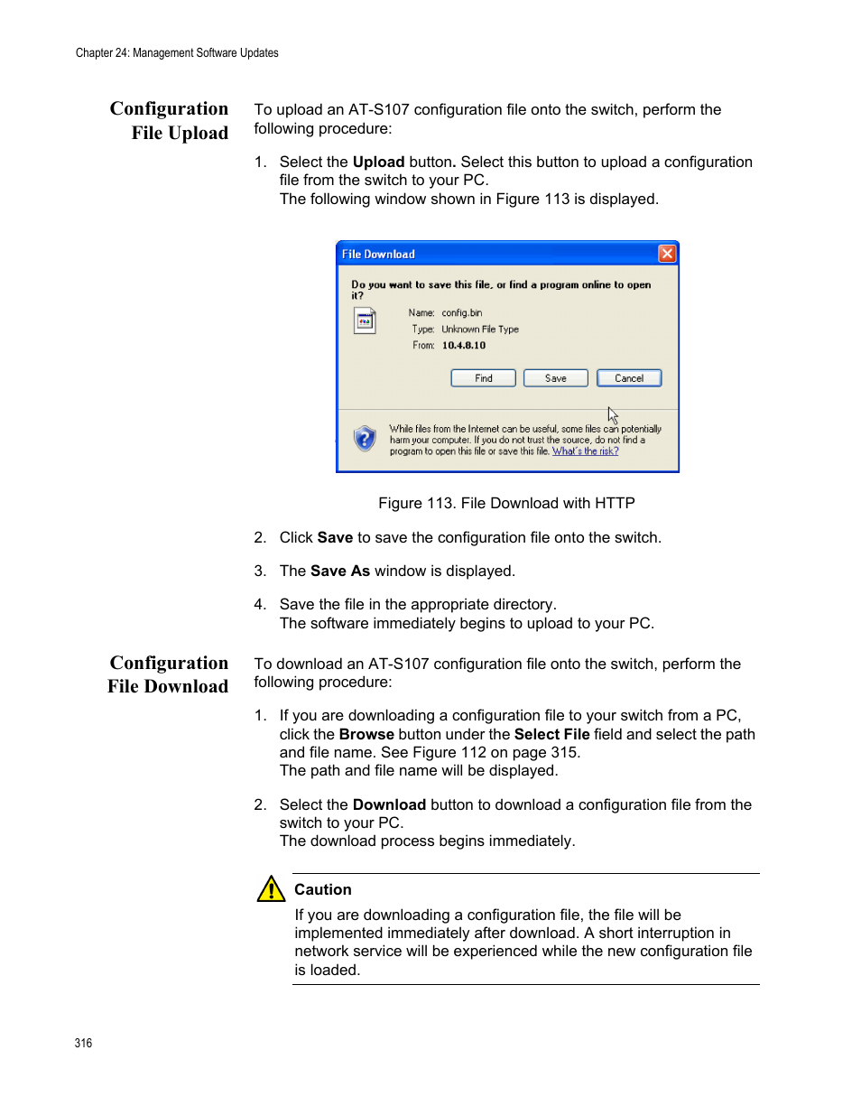 Configuration file upload, Configuration file download, Figure 113. file download with http | Allied Telesis AT-GS950/8 User Manual | Page 316 / 364