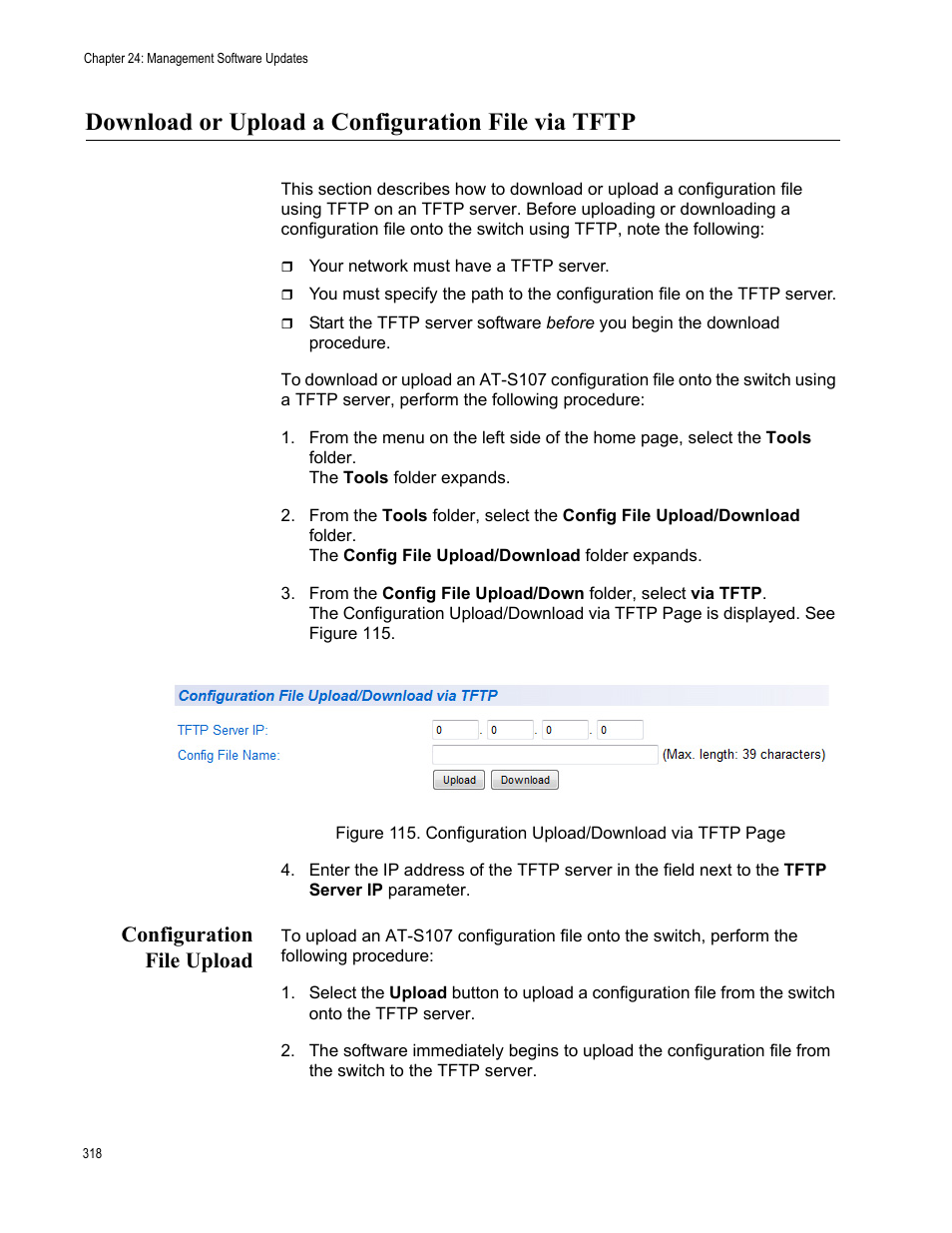 Download or upload a configuration file via tftp, Configuration file upload | Allied Telesis AT-GS950/8 User Manual | Page 318 / 364