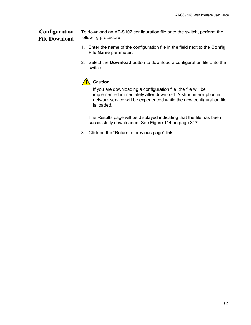 Configuration file download | Allied Telesis AT-GS950/8 User Manual | Page 319 / 364