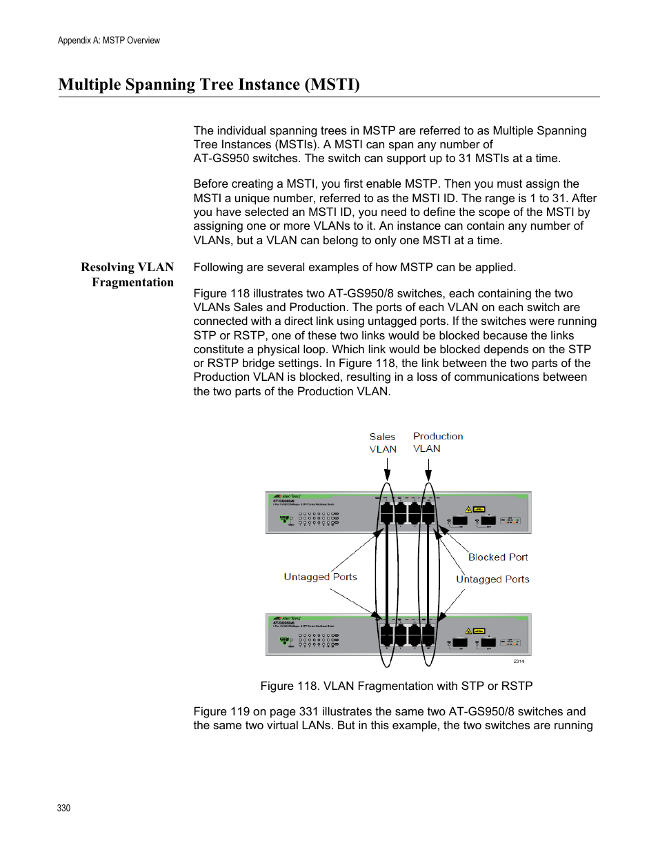 Multiple spanning tree instance (msti), Resolving vlan fragmentation, Figure 118. vlan fragmentation with stp or rstp | Allied Telesis AT-GS950/8 User Manual | Page 330 / 364