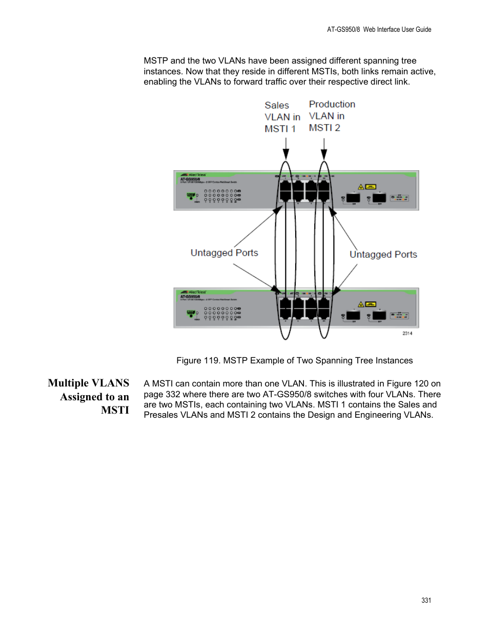 Multiple vlans assigned to an msti | Allied Telesis AT-GS950/8 User Manual | Page 331 / 364