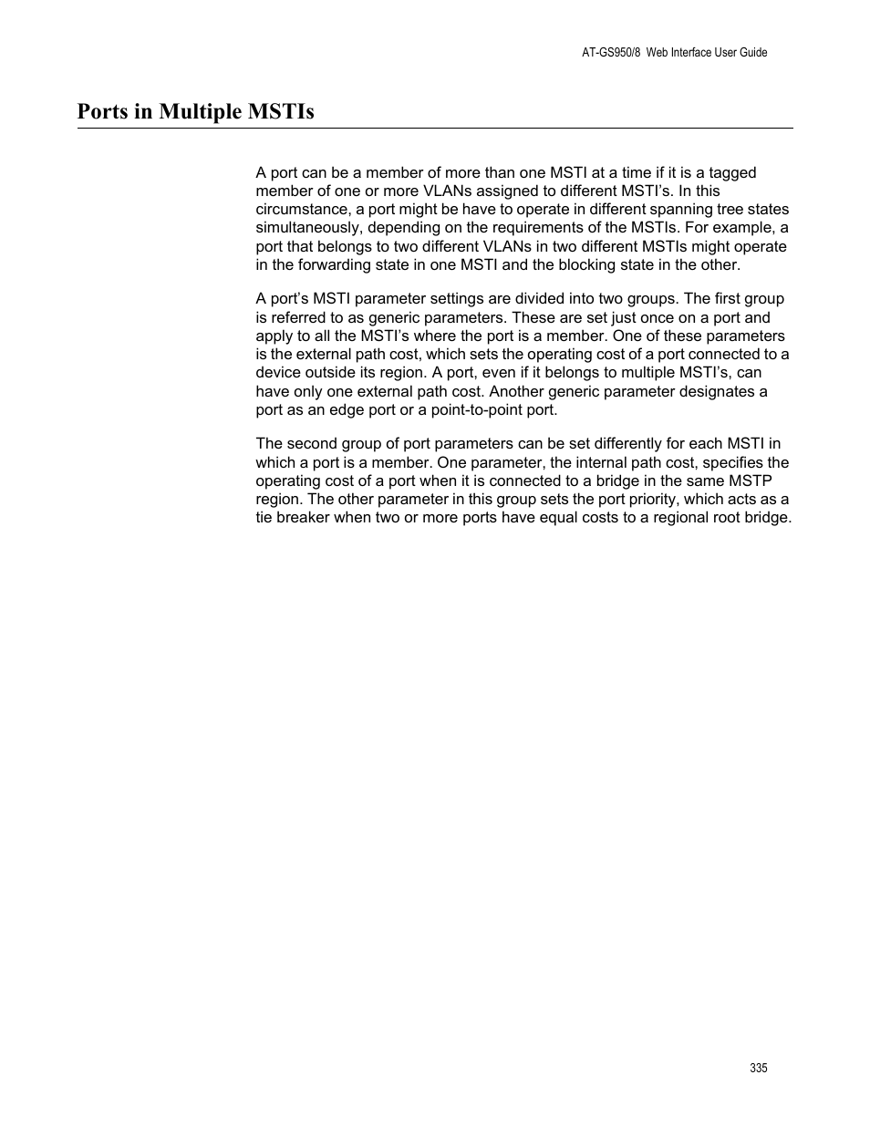 Ports in multiple mstis | Allied Telesis AT-GS950/8 User Manual | Page 335 / 364