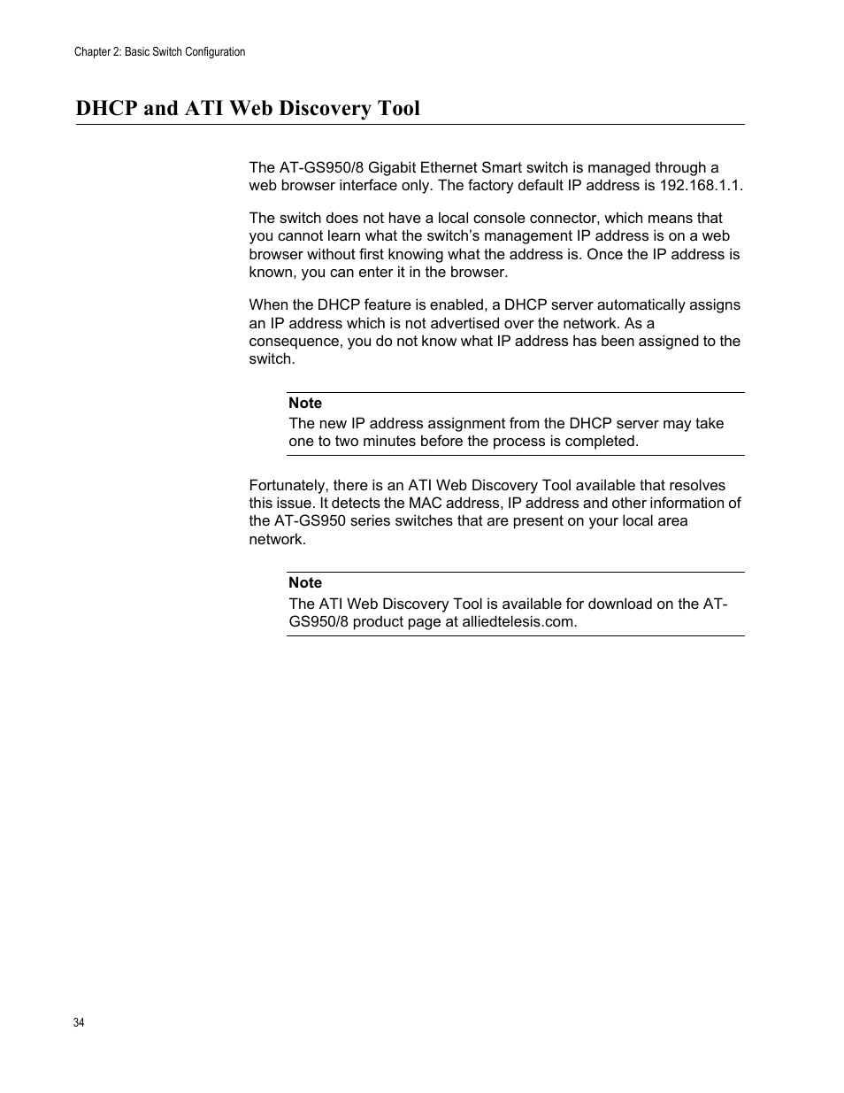 Dhcp and ati web discovery tool | Allied Telesis AT-GS950/8 User Manual | Page 34 / 364