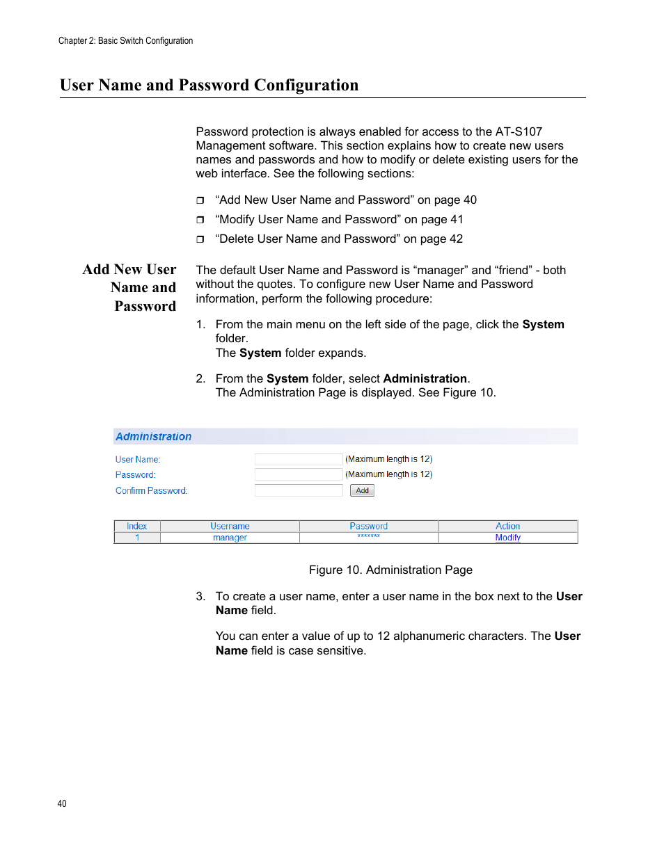 User name and password configuration, Add new user name and password | Allied Telesis AT-GS950/8 User Manual | Page 40 / 364