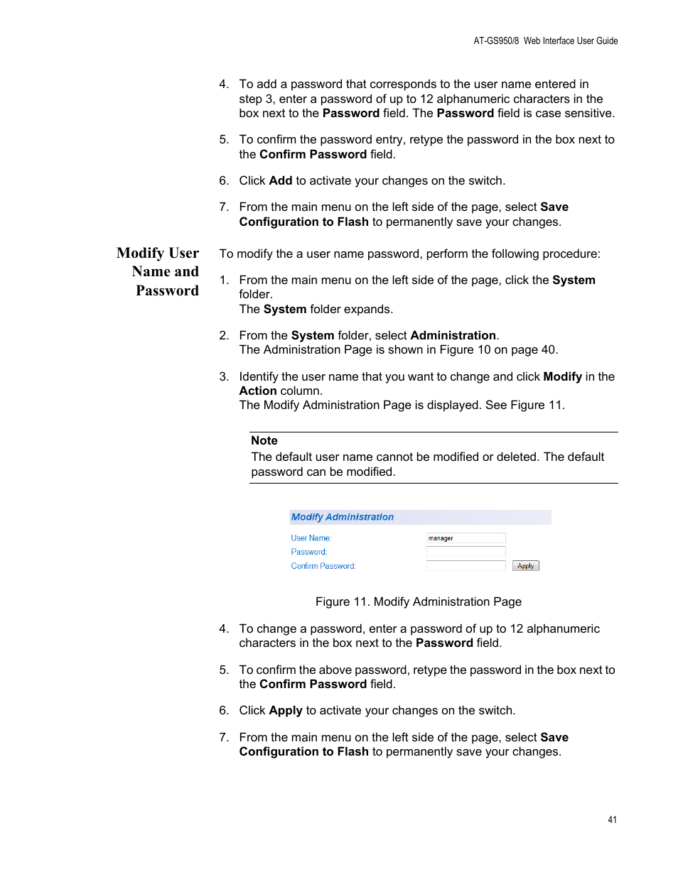 Modify user name and password | Allied Telesis AT-GS950/8 User Manual | Page 41 / 364
