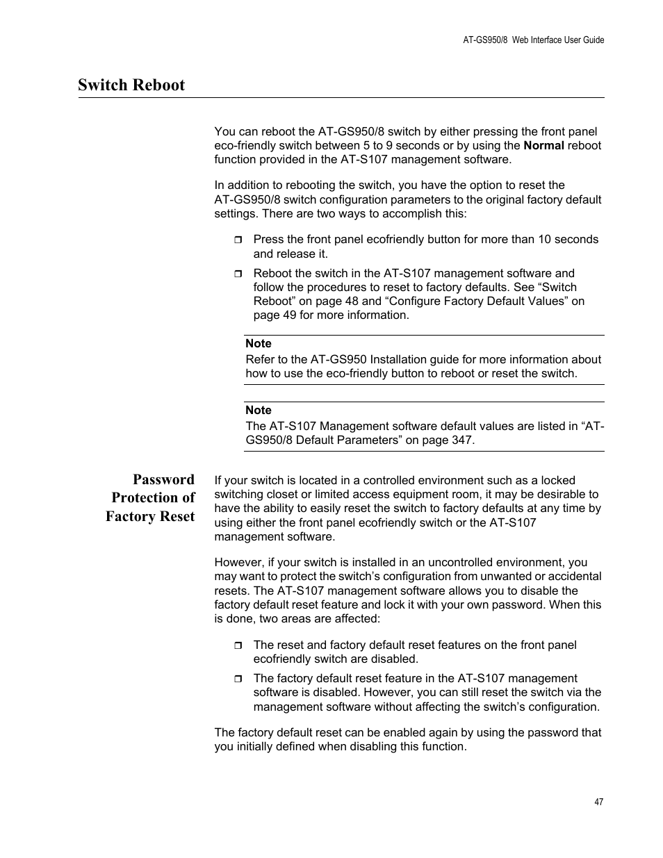 Switch reboot, Password protection of factory reset | Allied Telesis AT-GS950/8 User Manual | Page 47 / 364