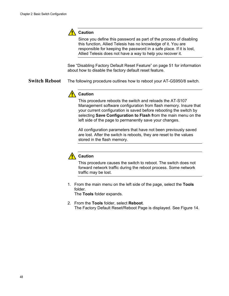 Switch reboot | Allied Telesis AT-GS950/8 User Manual | Page 48 / 364