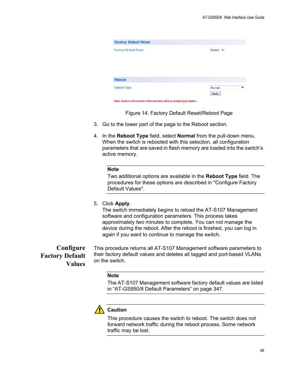 Configure factory default values | Allied Telesis AT-GS950/8 User Manual | Page 49 / 364