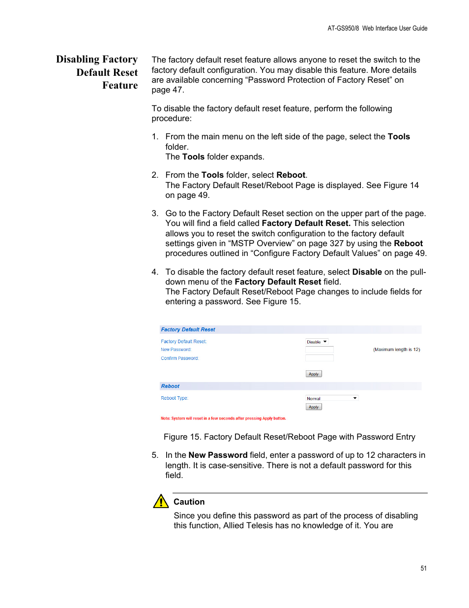 Disabling factory default reset feature | Allied Telesis AT-GS950/8 User Manual | Page 51 / 364