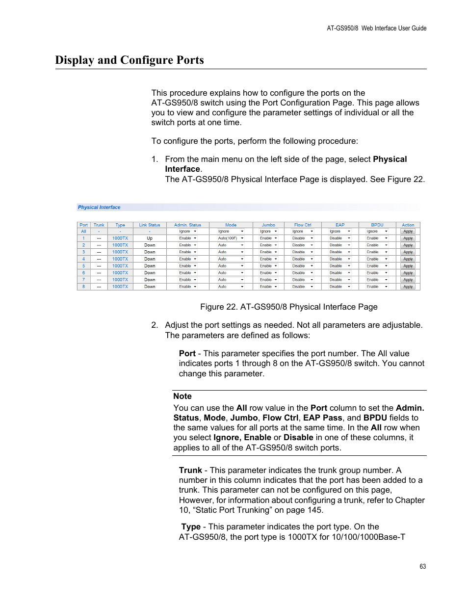 Display and configure ports | Allied Telesis AT-GS950/8 User Manual | Page 63 / 364