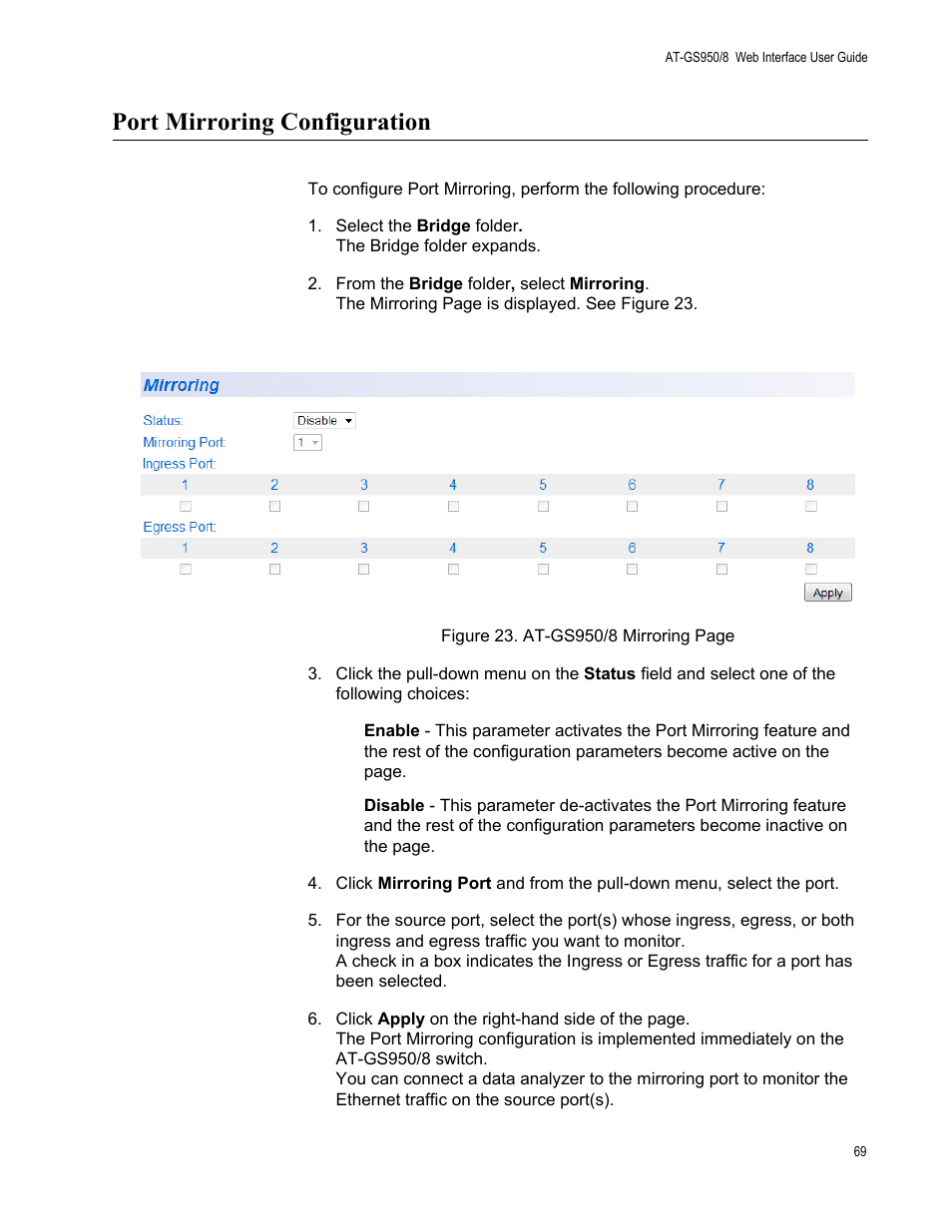 Port mirroring configuration | Allied Telesis AT-GS950/8 User Manual | Page 69 / 364