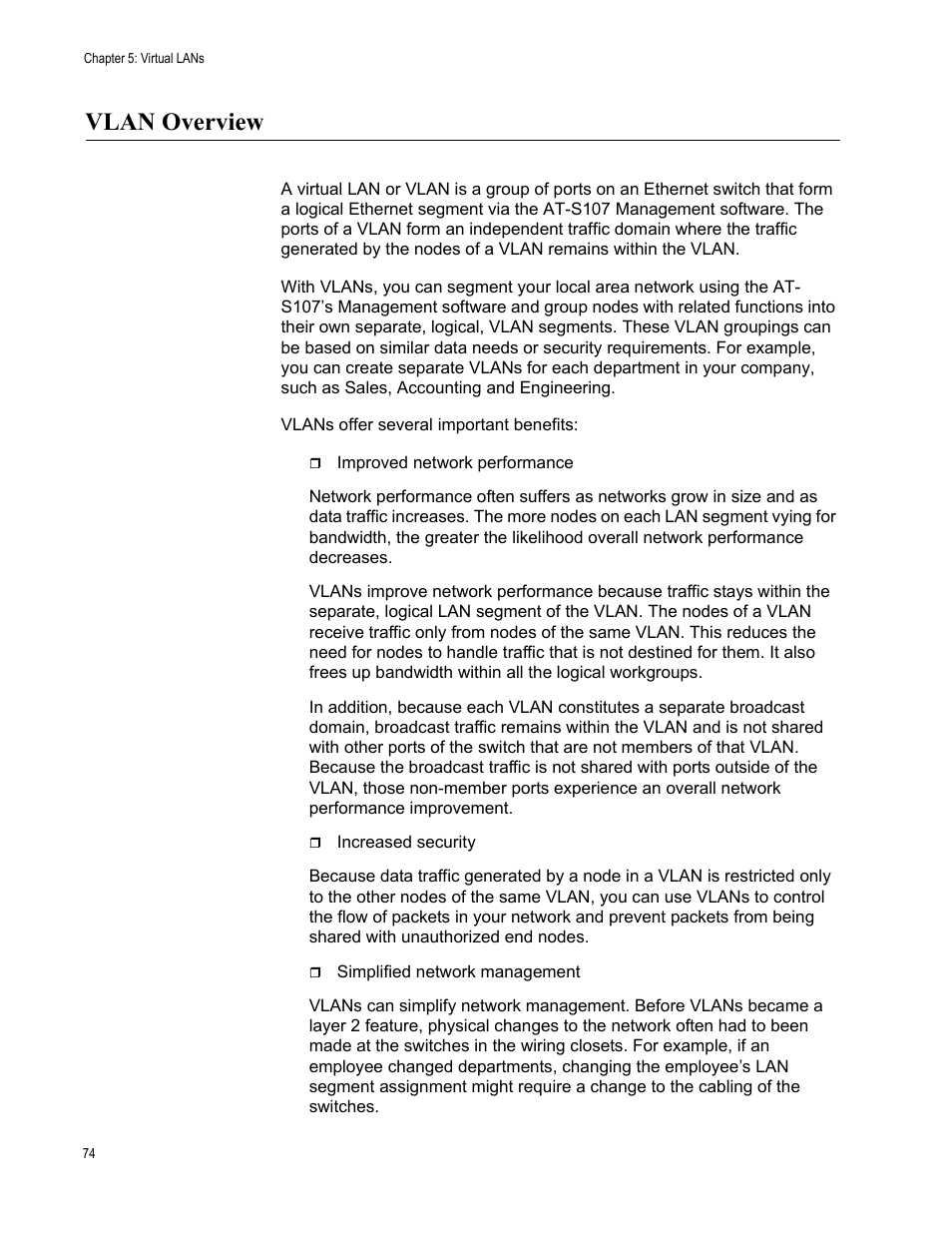 Vlan overview | Allied Telesis AT-GS950/8 User Manual | Page 74 / 364
