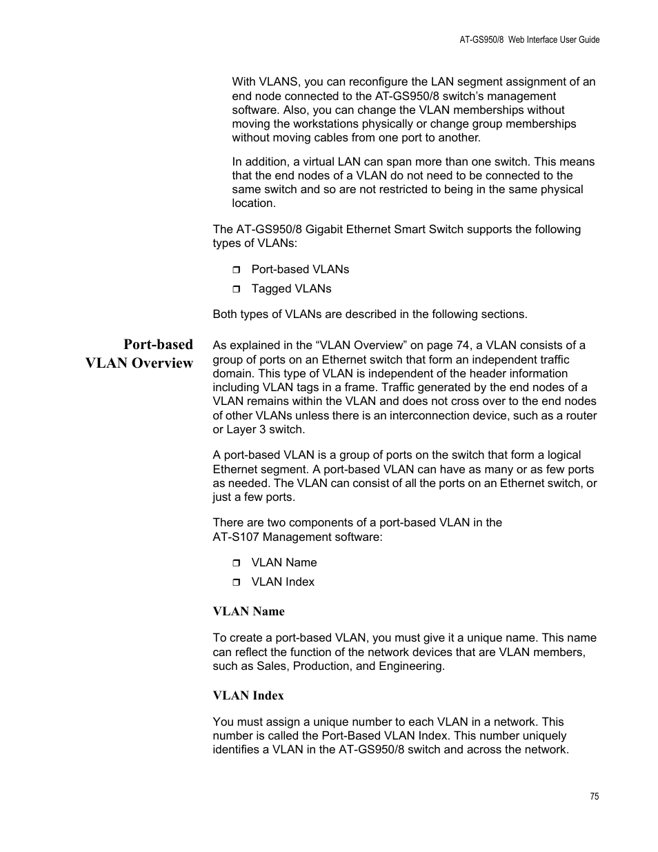 Port-based vlan overview | Allied Telesis AT-GS950/8 User Manual | Page 75 / 364