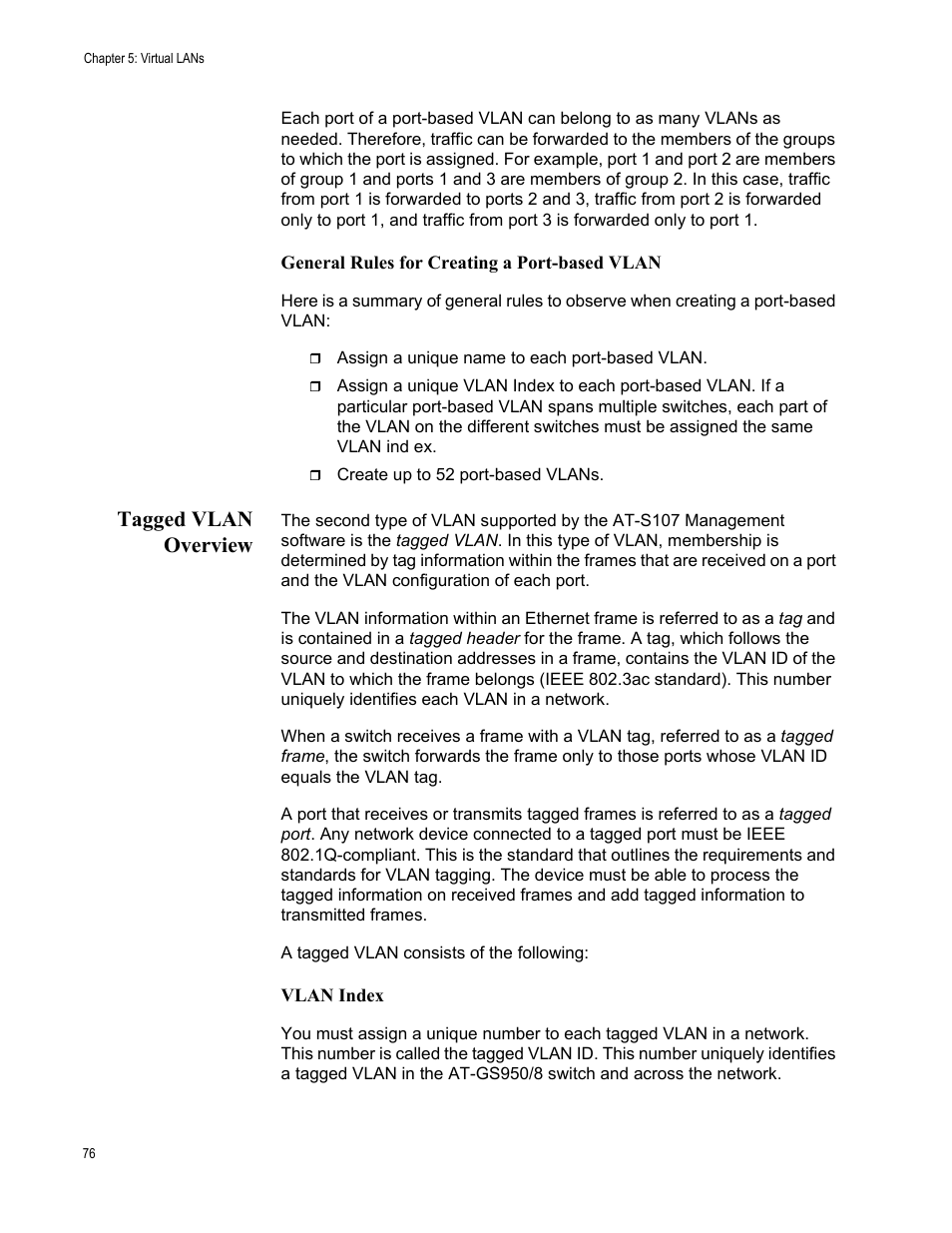 Tagged vlan overview | Allied Telesis AT-GS950/8 User Manual | Page 76 / 364