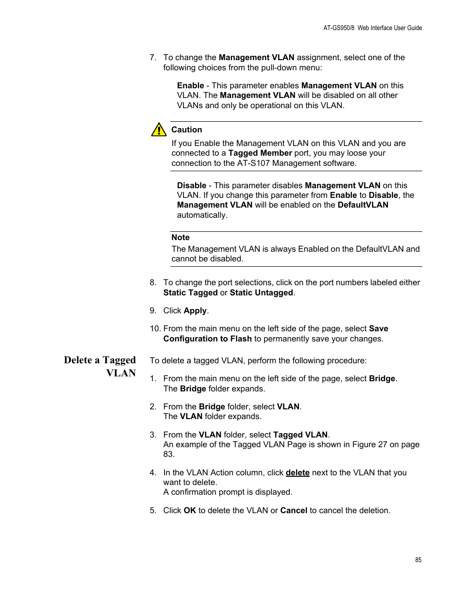 Delete a tagged vlan | Allied Telesis AT-GS950/8 User Manual | Page 85 / 364