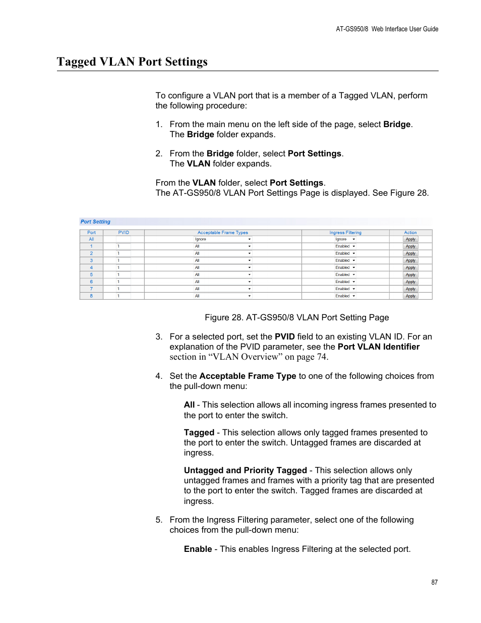 Tagged vlan port settings | Allied Telesis AT-GS950/8 User Manual | Page 87 / 364